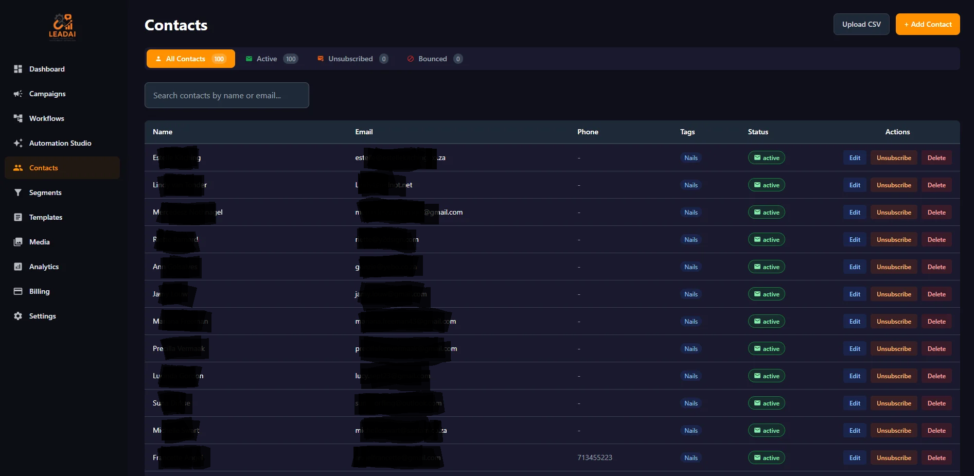 Contact management showing contact list with tags and segment cards