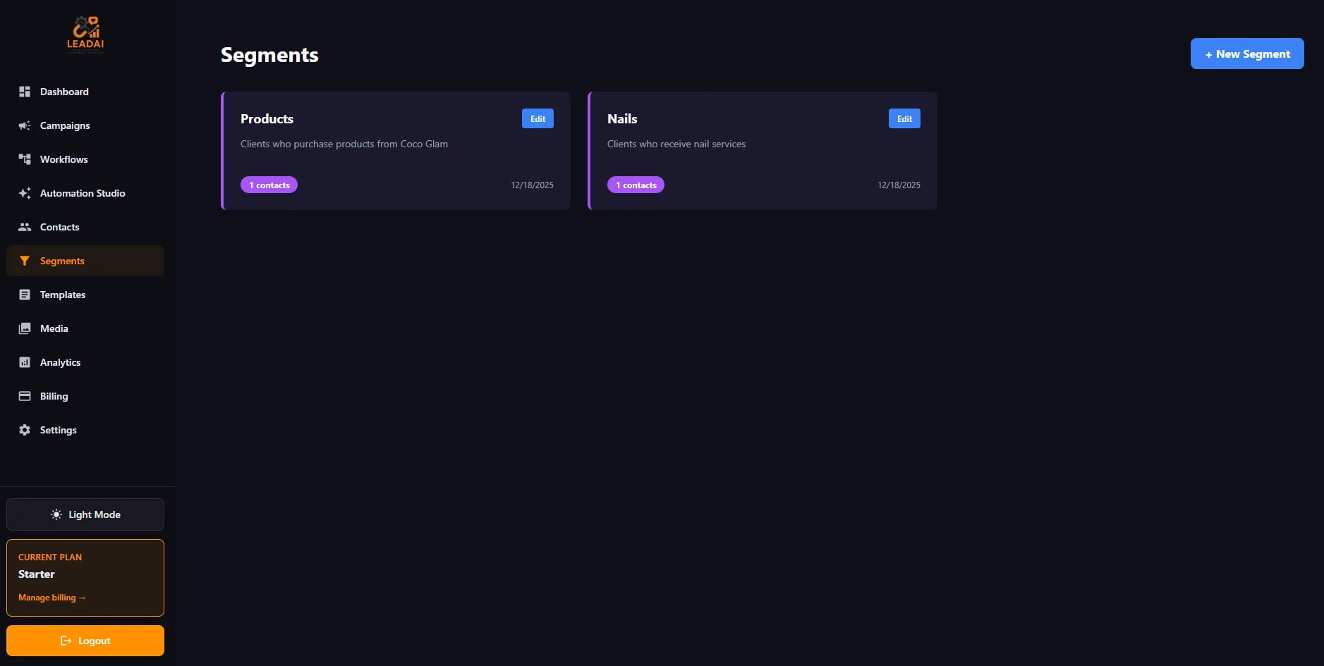 Audience segments with contact counts